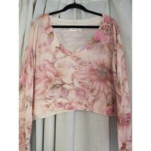 Anthropologie The Dreamer Printed V-Neck Cropped Linen Blend Sweater Size S